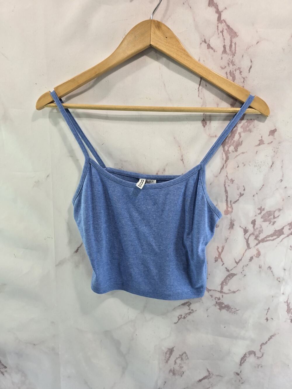 H&M Tank Top Womens Medium Blue Cotton Crop Cami Webbing Piping Y2K